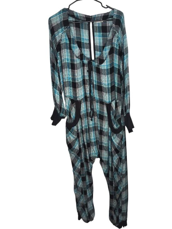 Free People Pants - Falling For Flannel Free People Greenish Blue Checkered Romper Size M Oversized